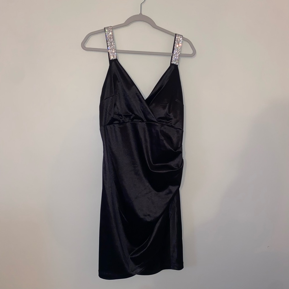 Size 17 Satin Material Black Formal Dress with Rhinestonetone Straps